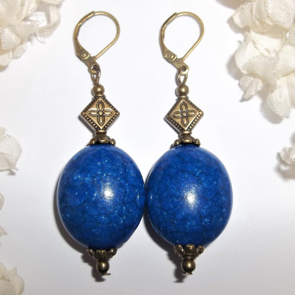 Earrings, Statement Earring, Boho Earrings, Blue Earrings, Blue and Bronze, 7552